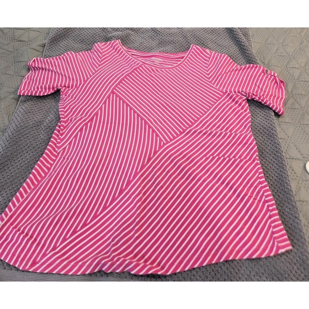 Kim Rogers Pink White Striped Geometric Short Sleeve Cotton Top Large